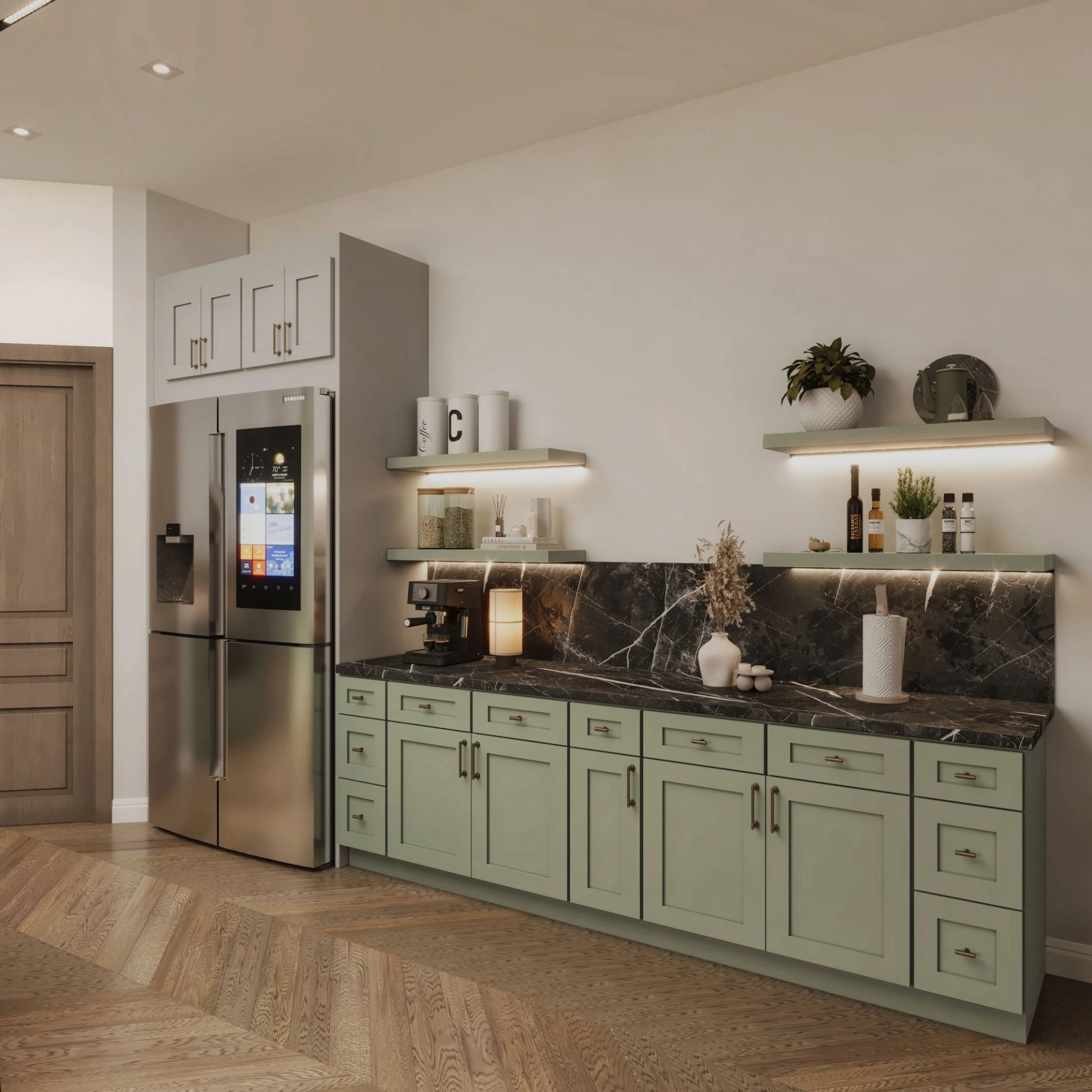 Lunar Grey and Sage Green Kitchen 