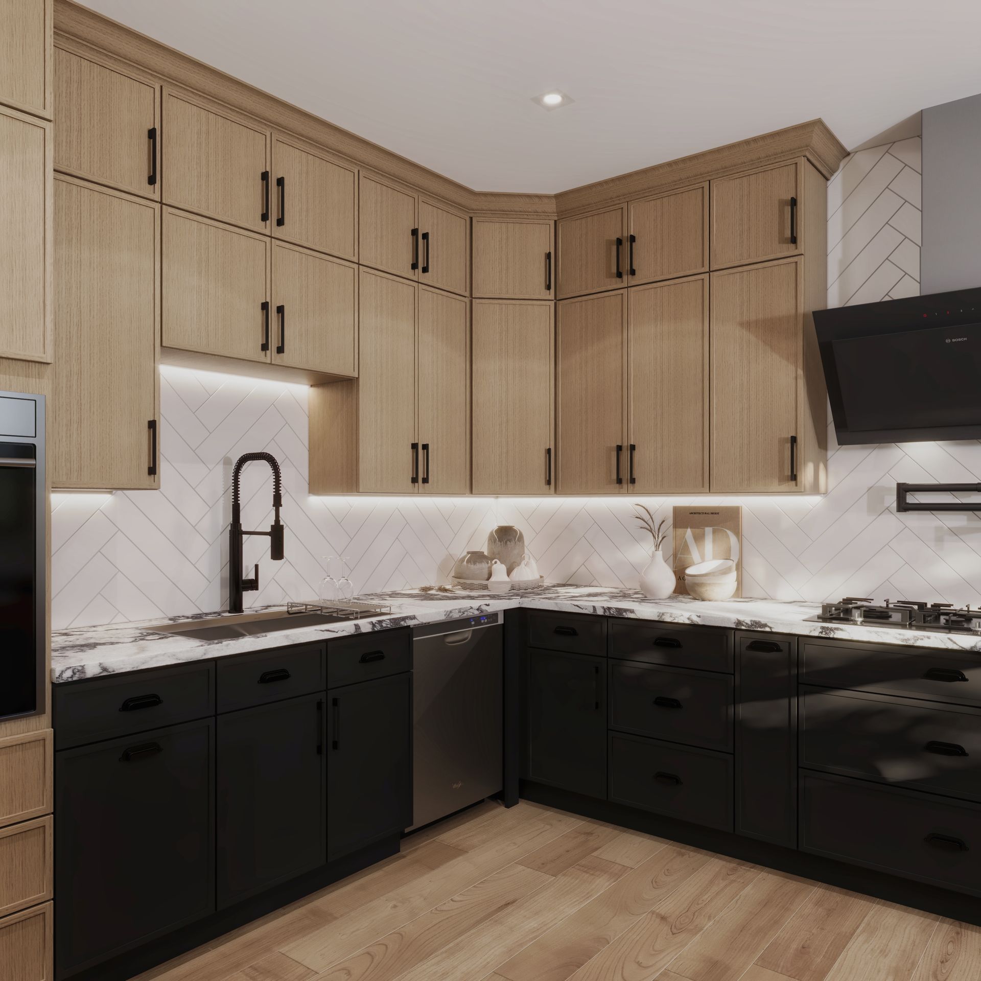 Iron Black and White Oak Kitchen with Quartz 