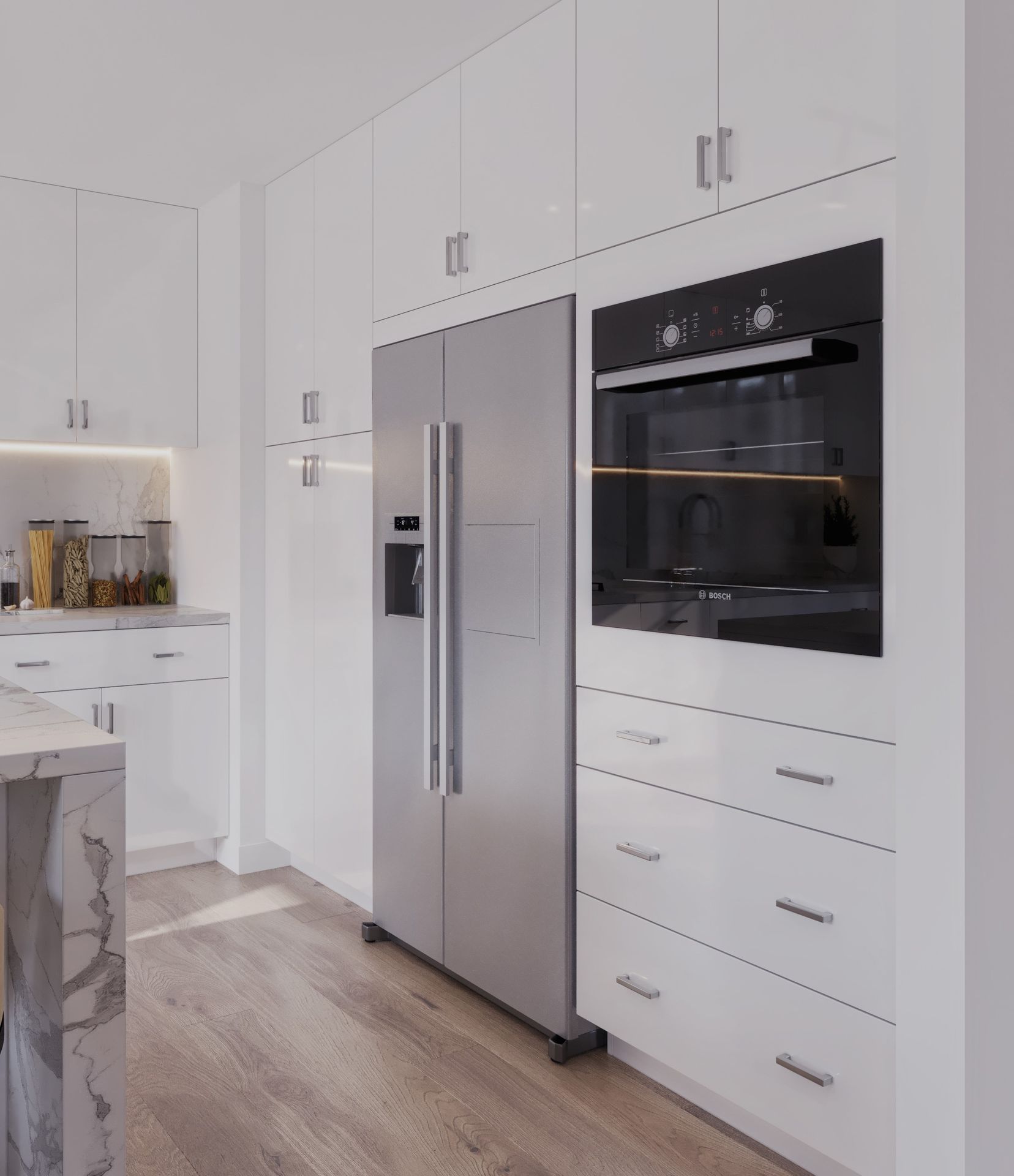 Highgloss White Kitchen with Fridge and oven pantry