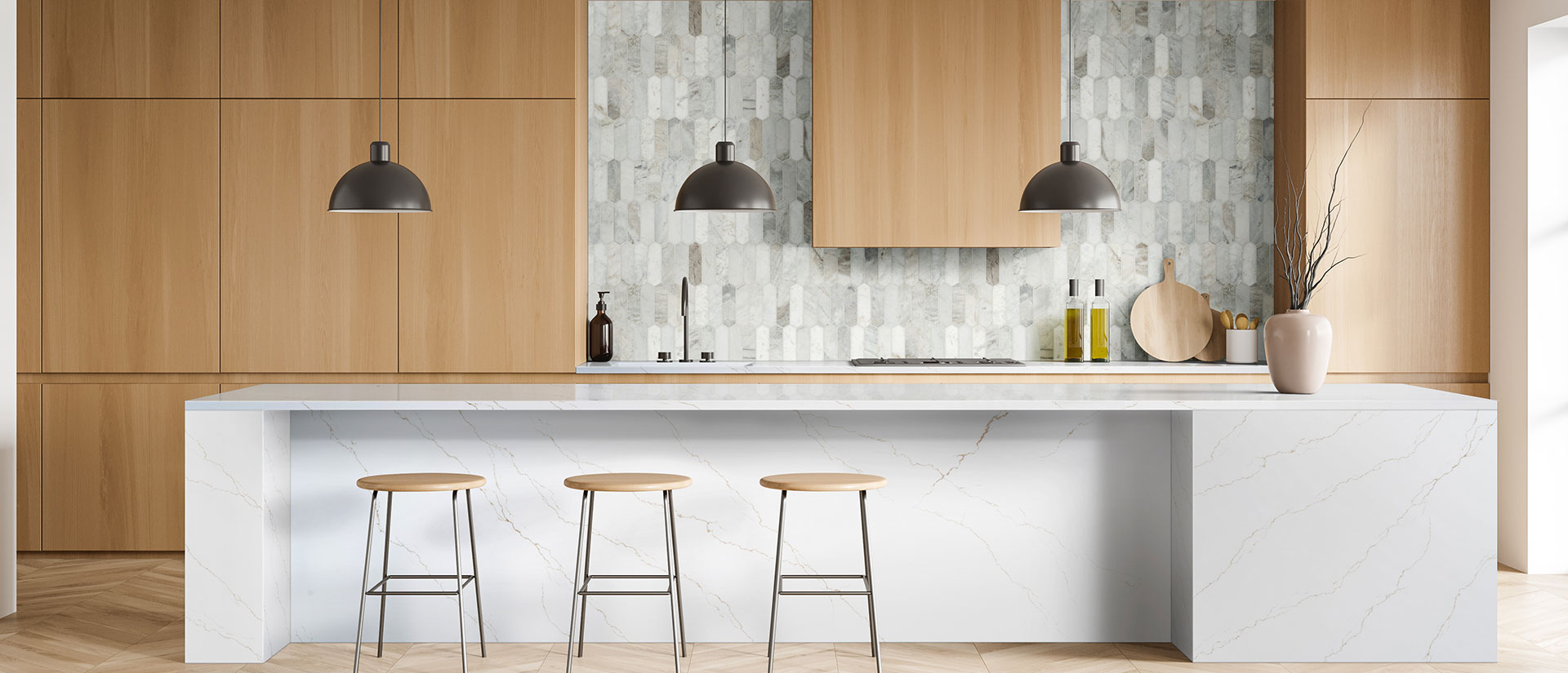 Calacatta Abezzo quartz in a bright kitchen