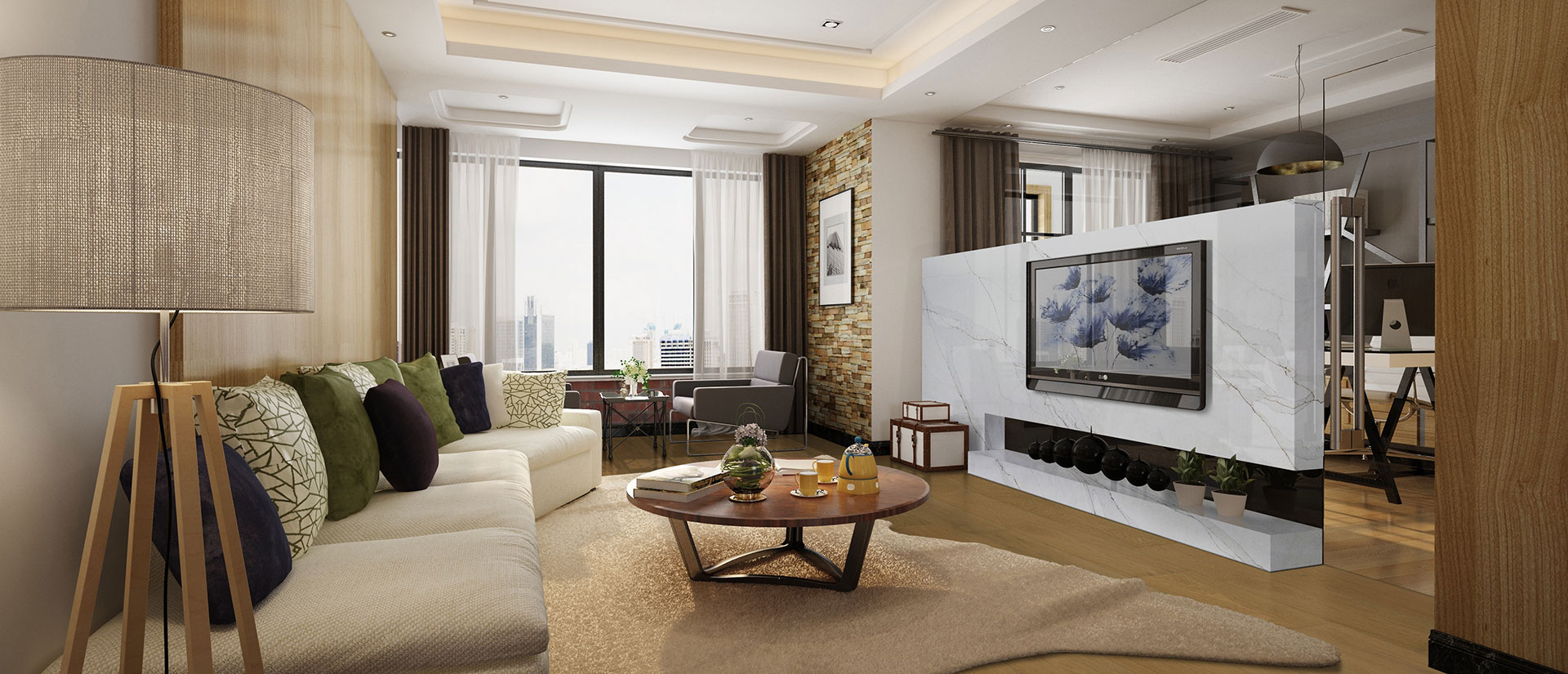 Living space with Calacatta Abezzo quartz feature wall