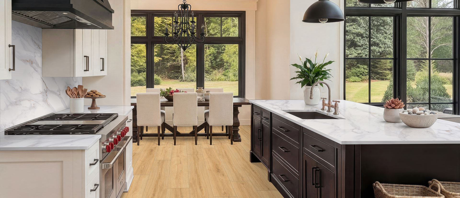 Kitchen with Calacatta Castana quartz island and countertops