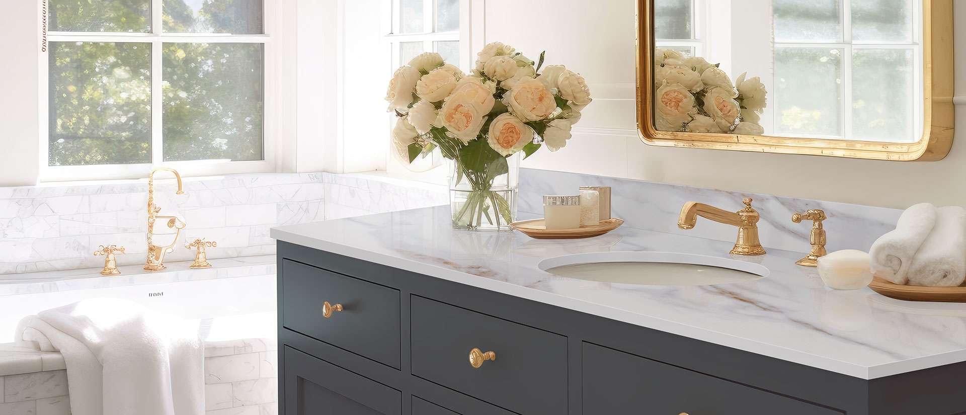 Bathroom vanity with Calacatta Castana quartz countertop