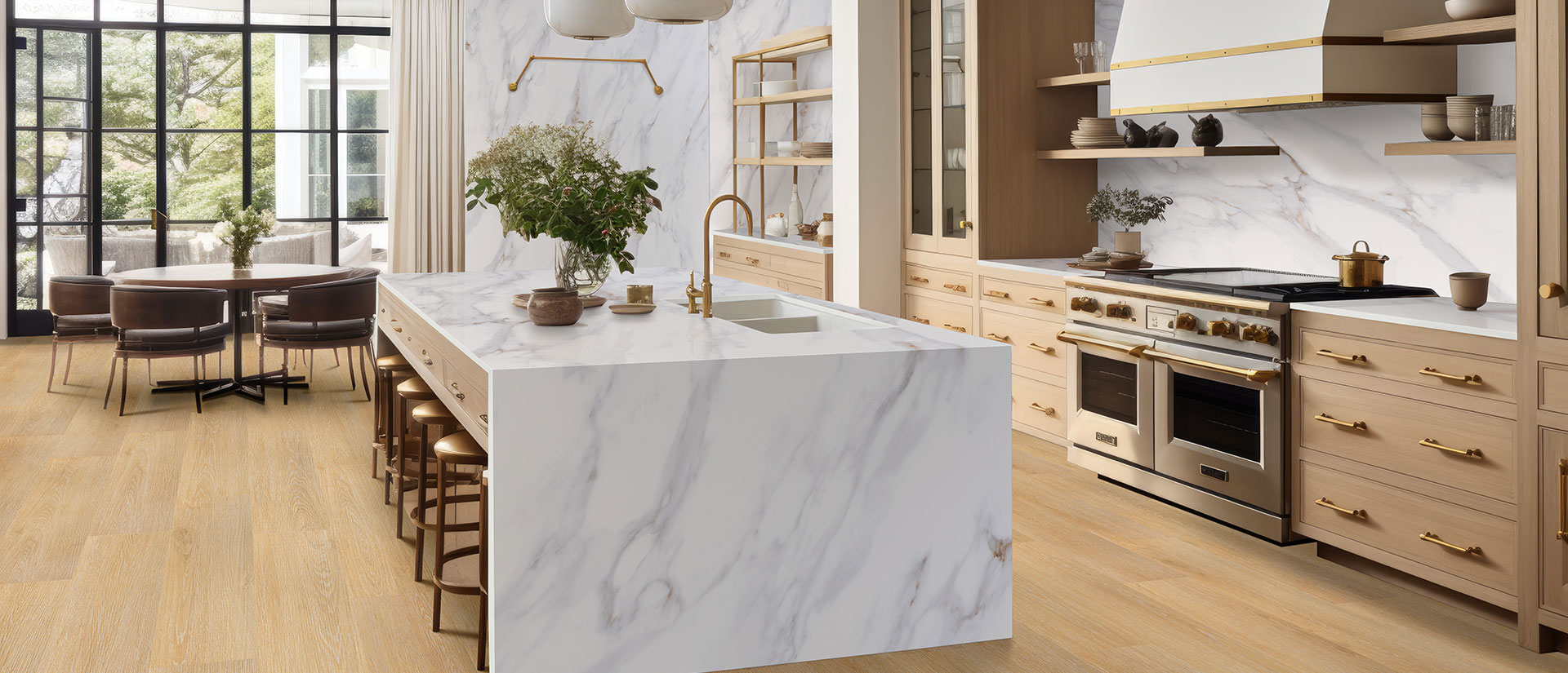 Close view of Calacatta Castana quartz in kitchen