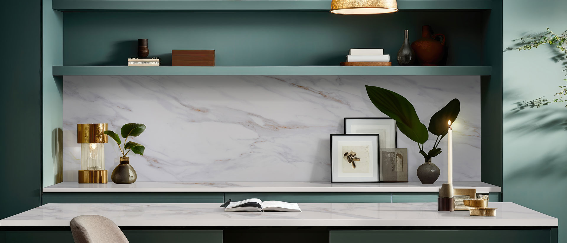 Living or workspace with Calacatta Castana quartz feature