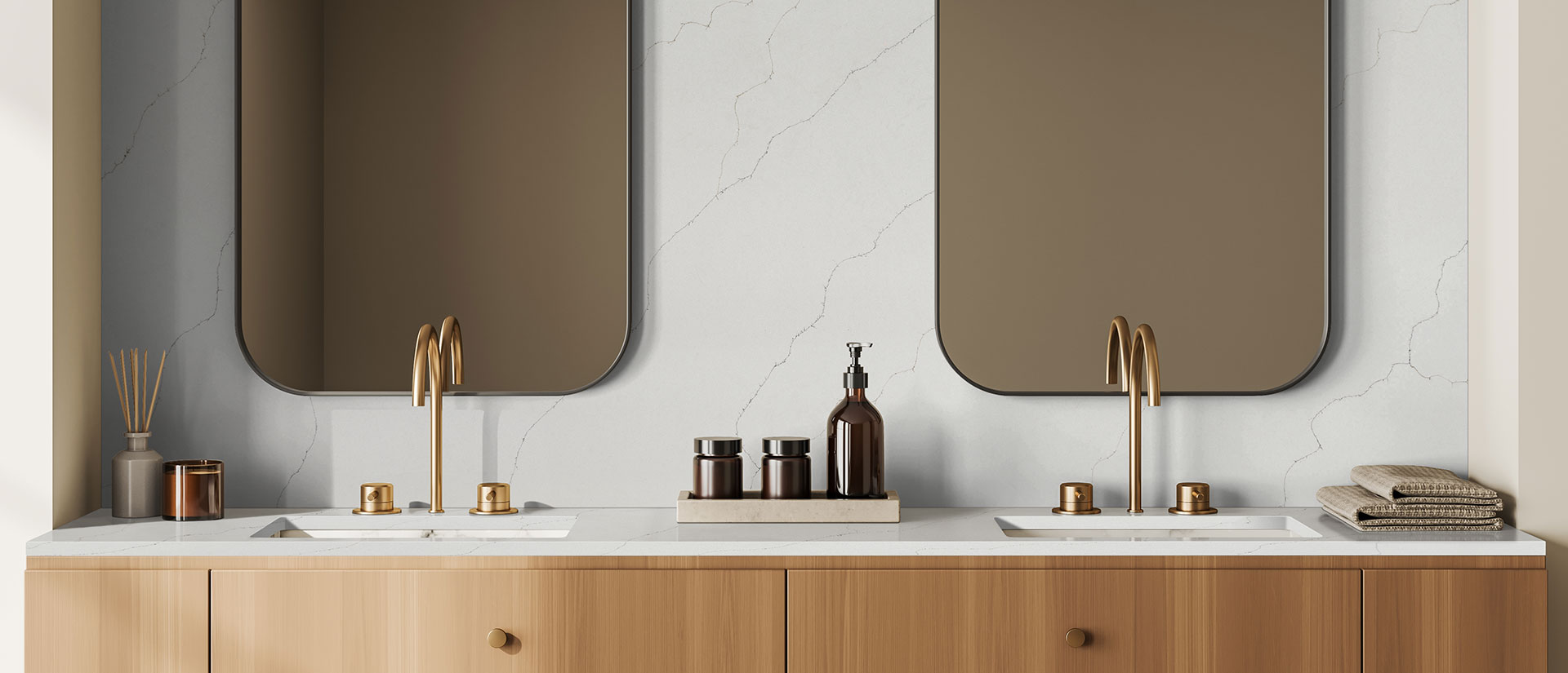 Bathroom vanity with Calacatta Duolina quartz countertop