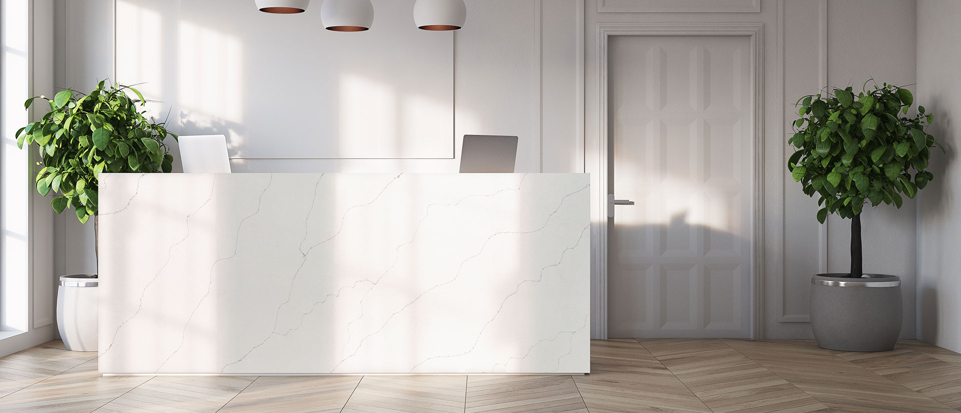 Close view of Calacatta Duolina quartz in counter area