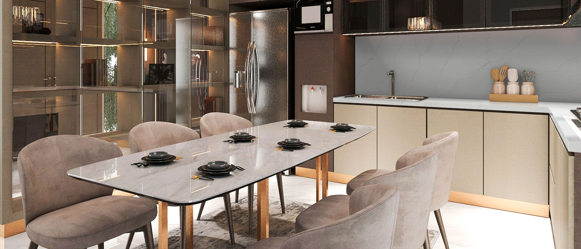 Workspace or feature area with Calacatta Duolina quartz