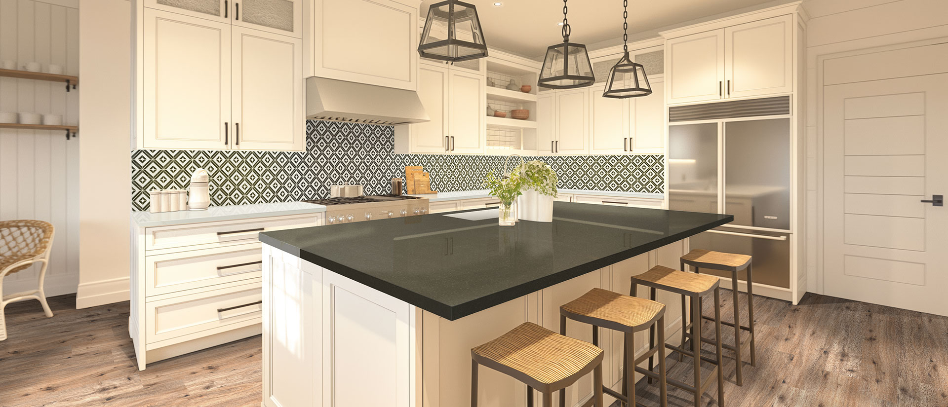 Kitchen with Calacatta Elysio quartz countertops and island