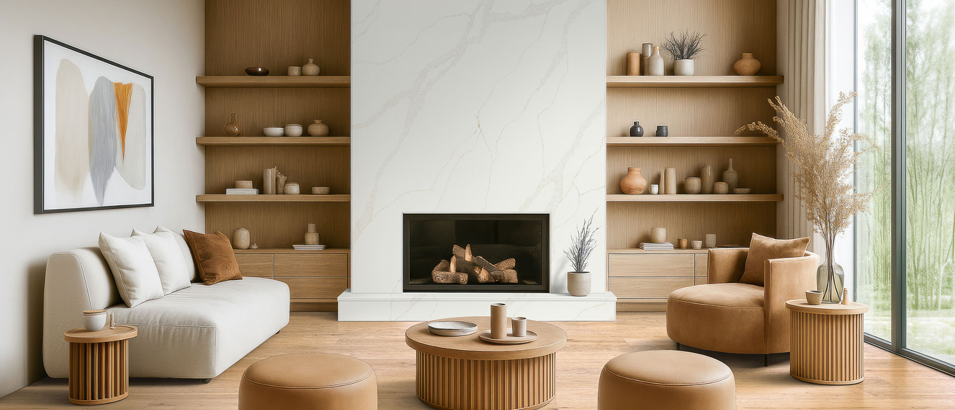 Living space with Calacatta Elysio quartz feature