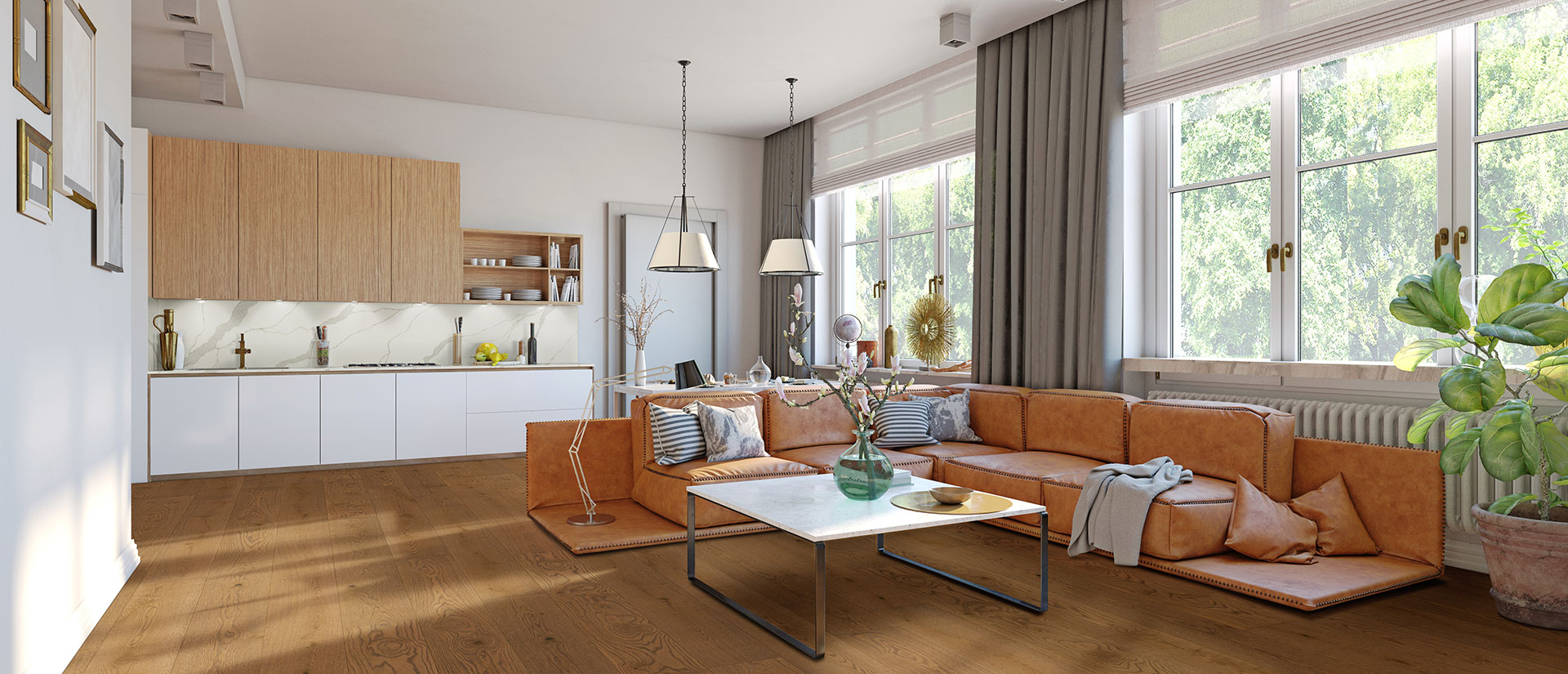 Living space with Calacatta Idillio quartz feature