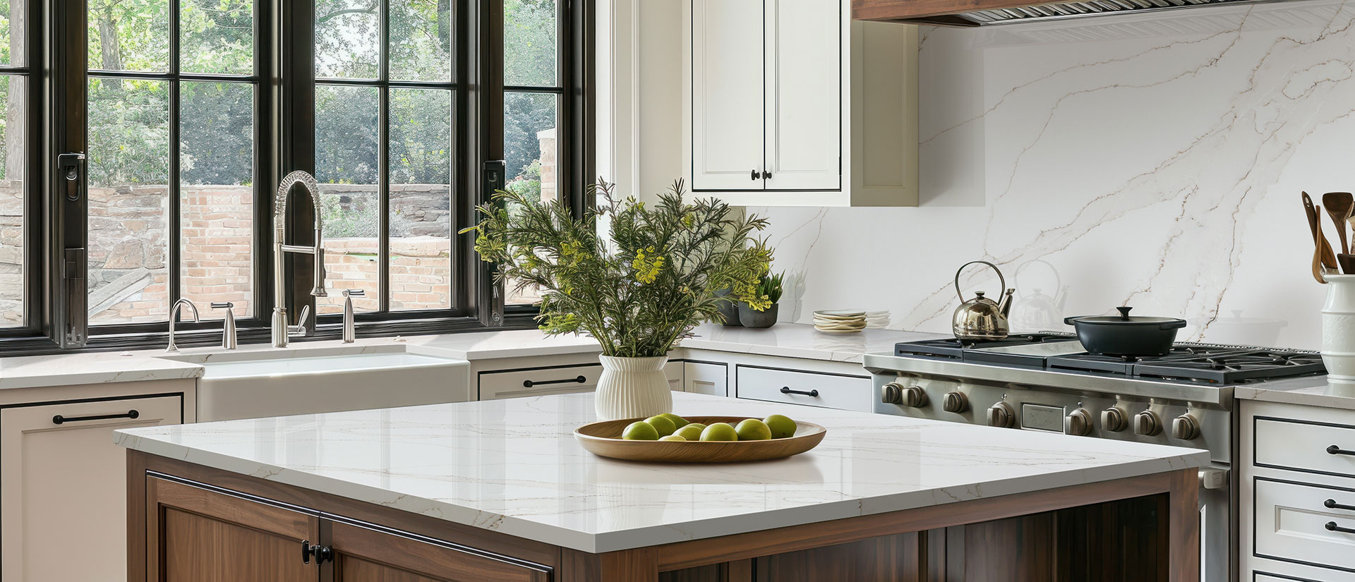 Close view of Calacatta Izaro quartz in kitchen