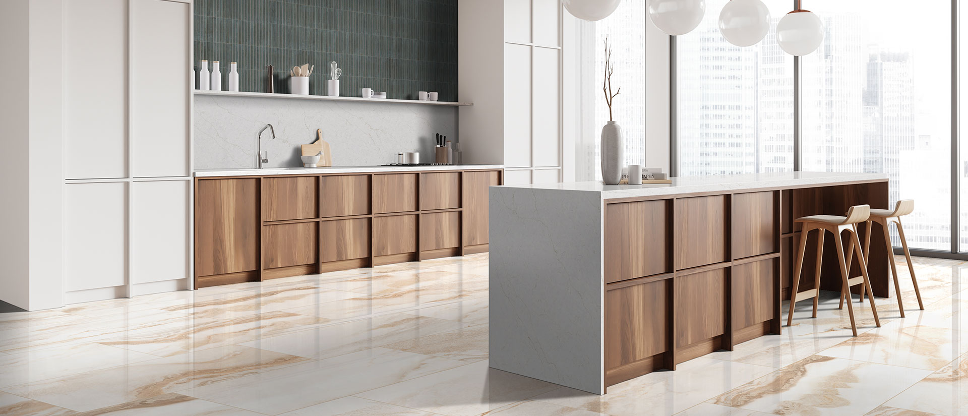 Kitchen with Calacatta Karmelo quartz countertops and island