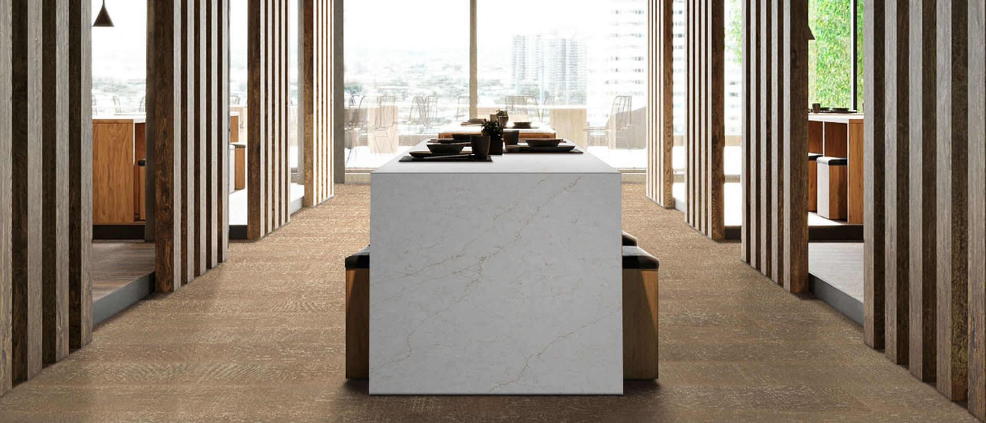 Dining space with Calacatta Karmelo quartz countertop