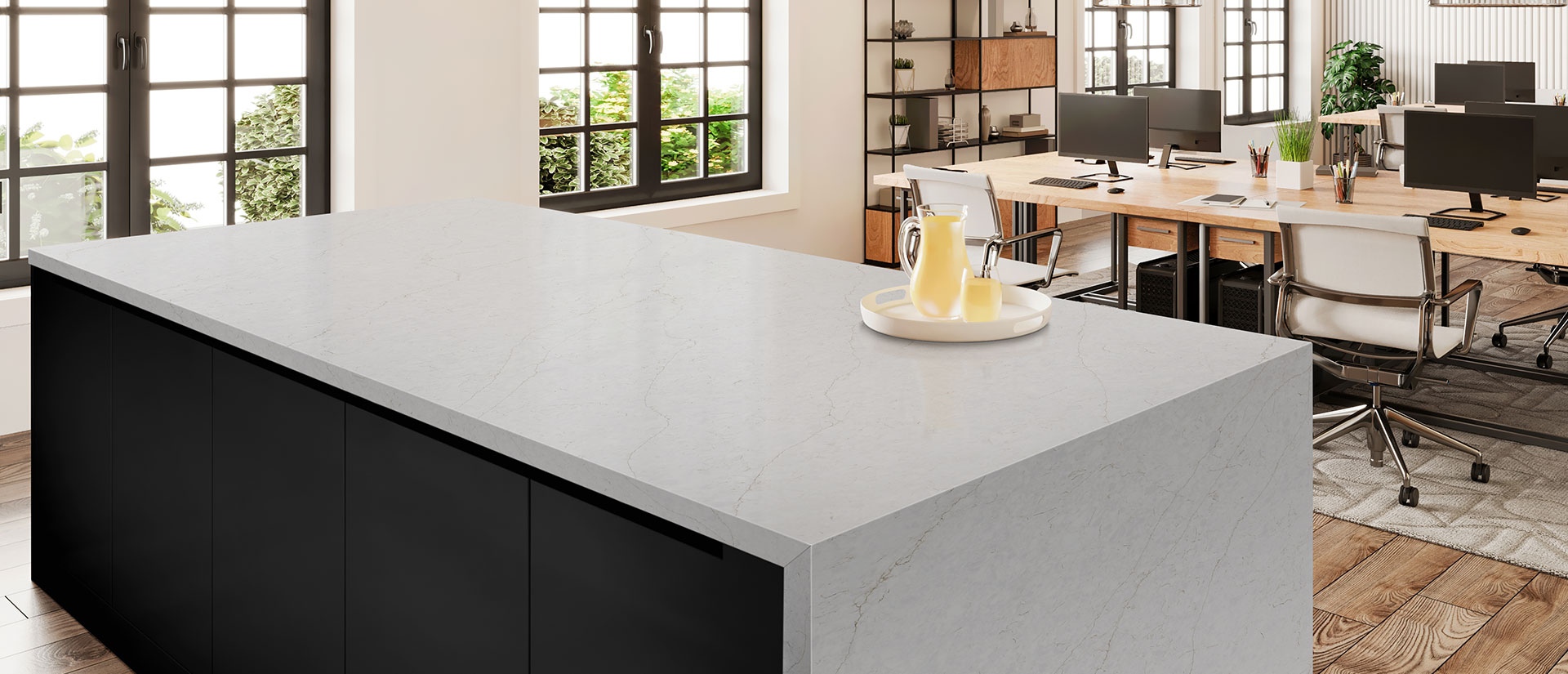 Kitchen island with Calacatta Karmelo quartz countertop