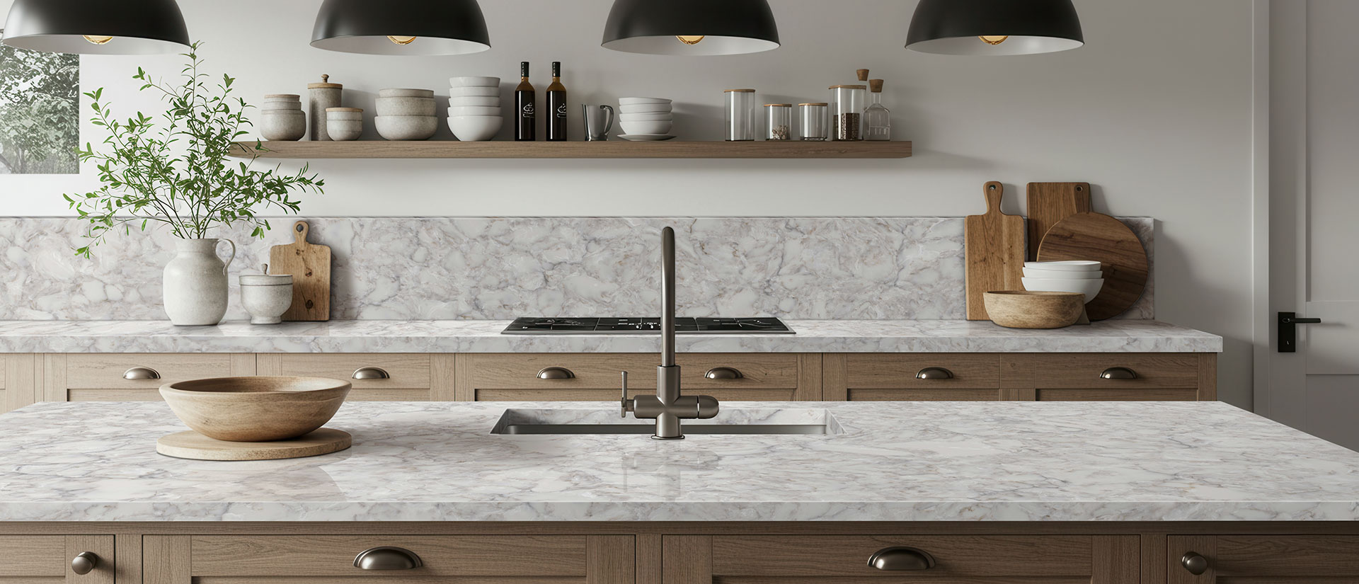 Close view of Calacatta Ocellio quartz in kitchen