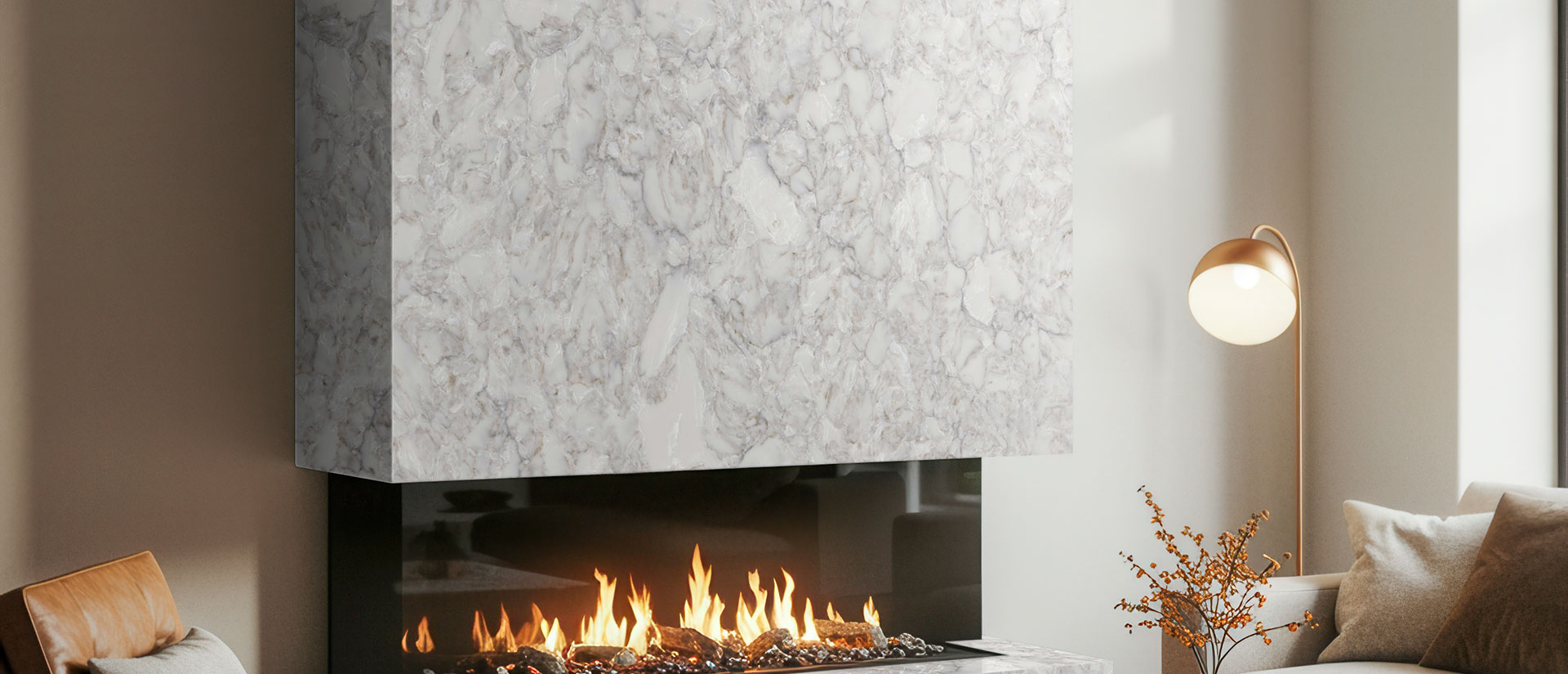 Living space with Calacatta Ocellio quartz feature