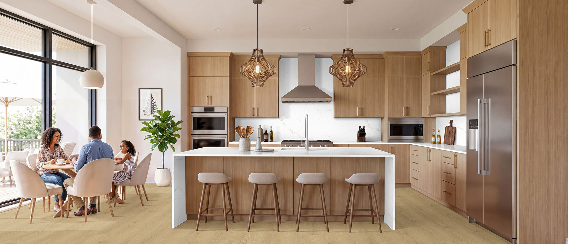 Kitchen with Calacatta Rusta quartz countertops and island