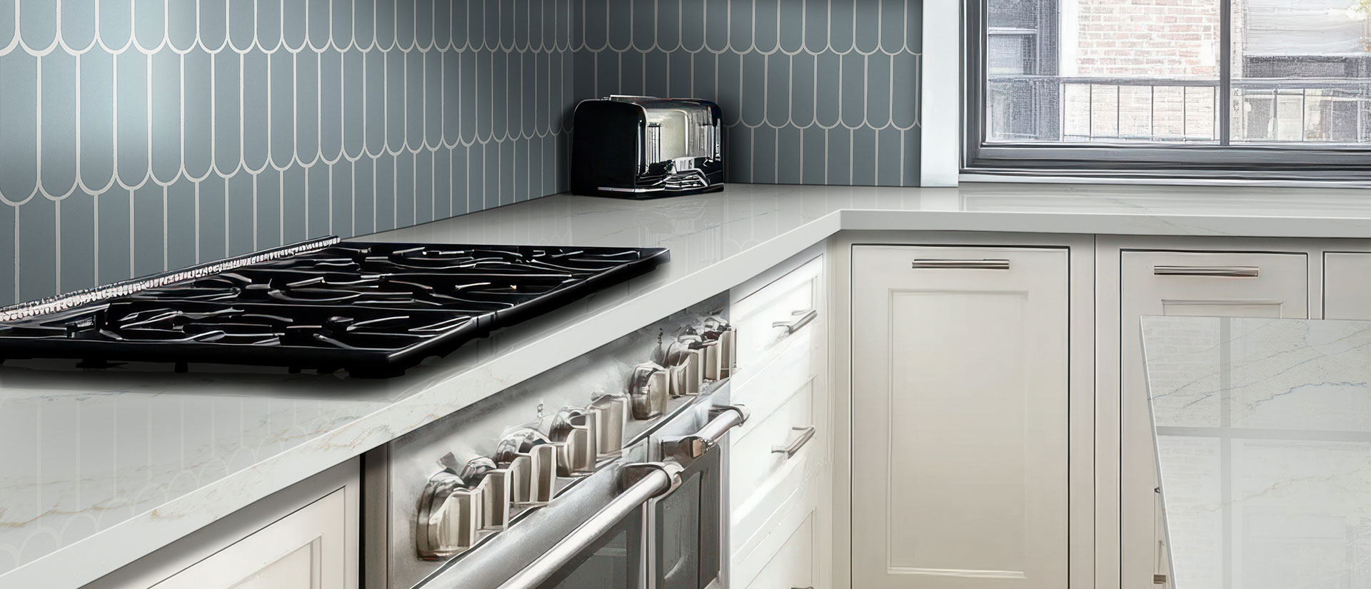 Close view of Calacatta Safyra quartz in kitchen