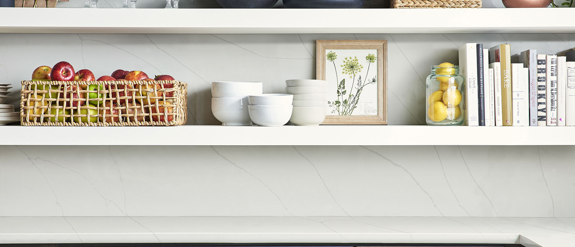 Detail view of Calacatta Ultra quartz backsplash