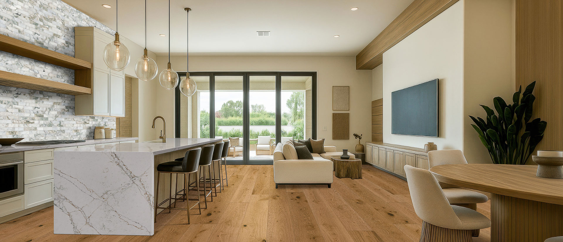 Living space with Calacatta Viraldi quartz surfaces