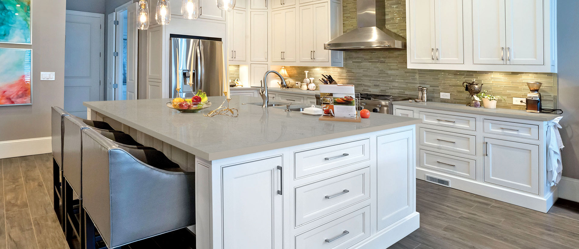 Detail view of Fossil Gray quartz in kitchen