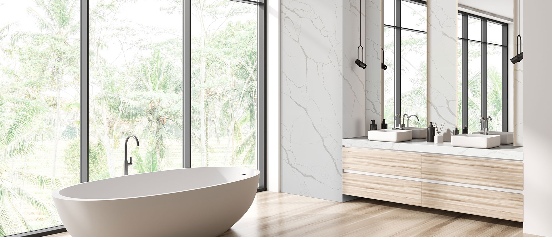 Bathroom with New Calacatta Laza quartz vanity